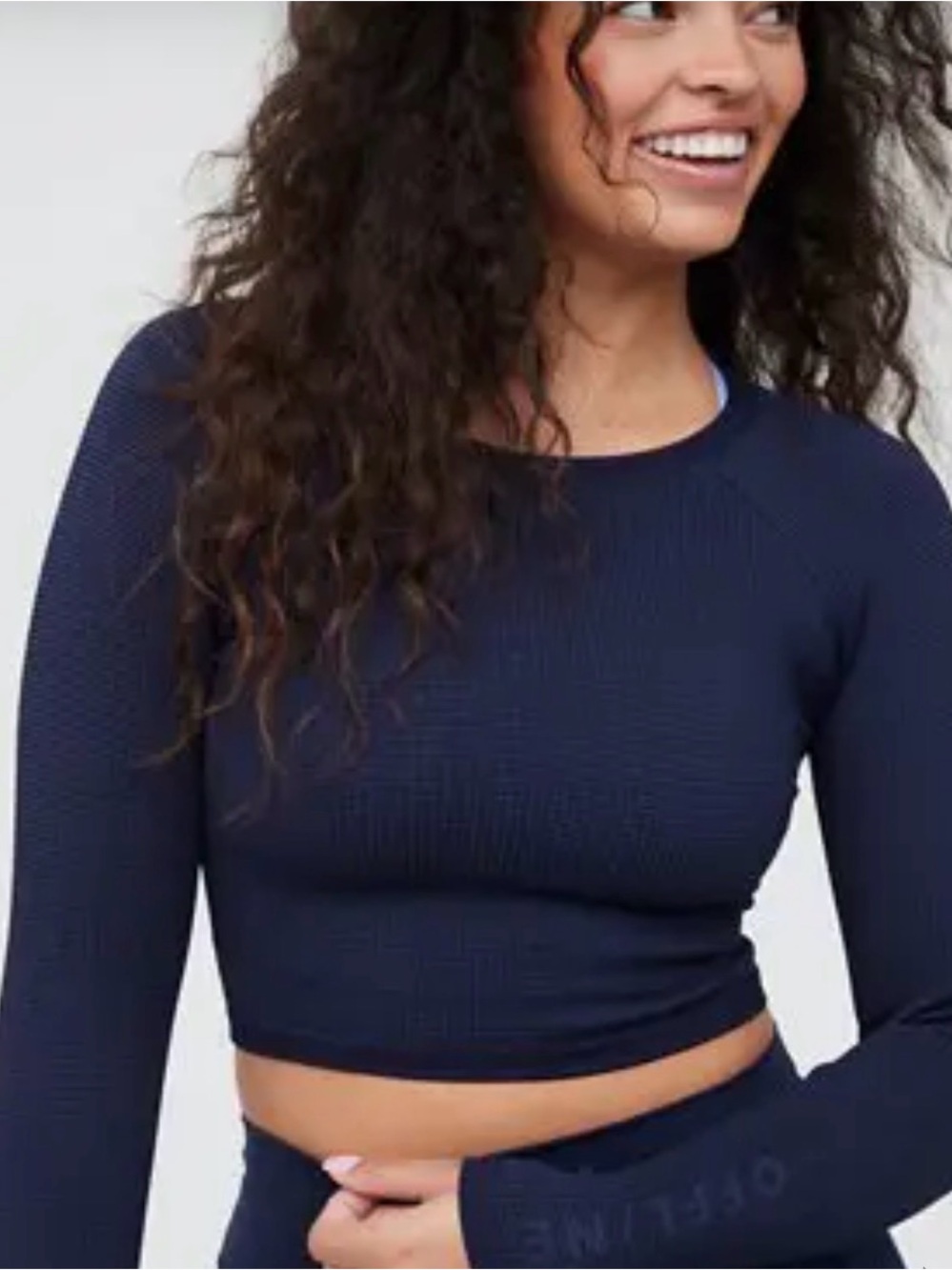 Offline Aerie Cropped Navy Crewneck Waffle Knit Long Sleeve Top Athletic Sz XL